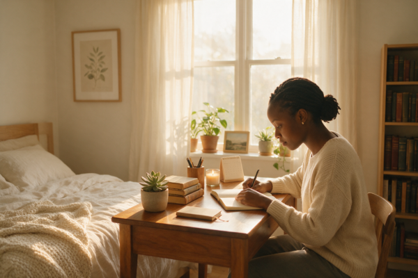 Young Kenyan woman journaling at a sunlit desk with a notebook and calendar
