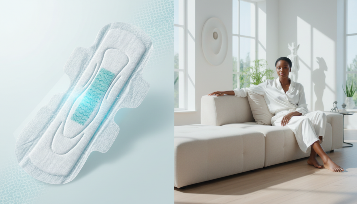 Woman relaxing at home with a sanitary pad.