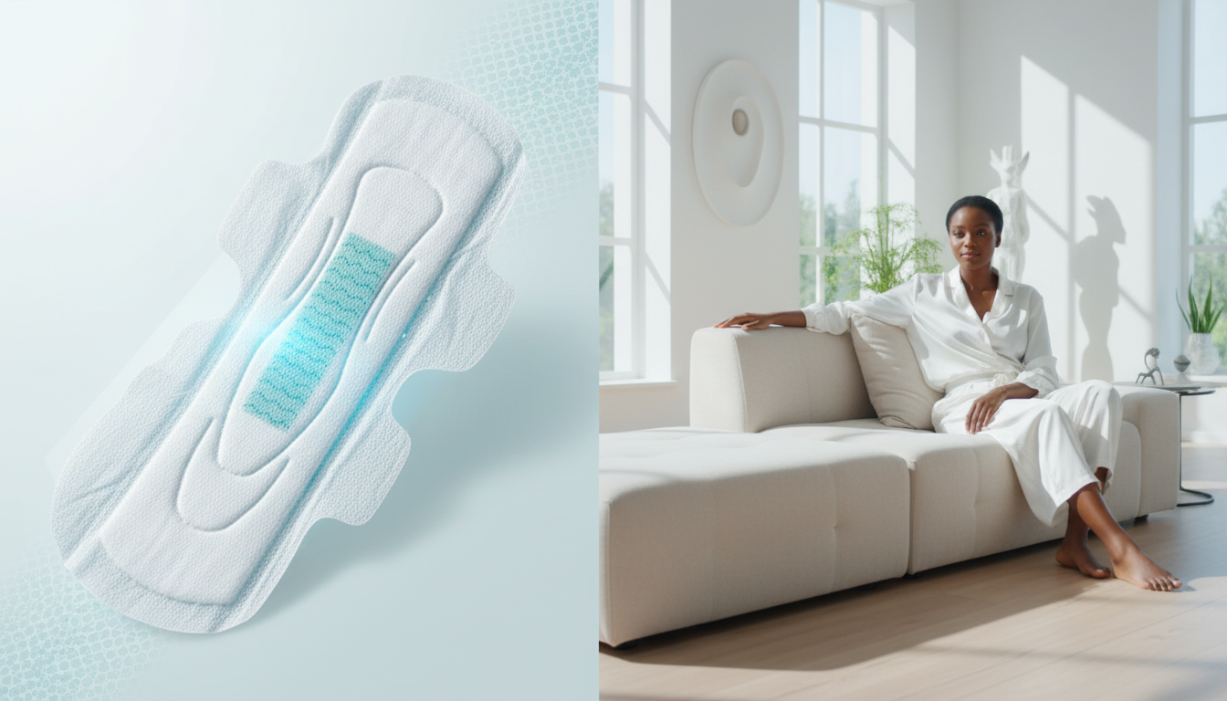 Woman relaxing at home with a sanitary pad.