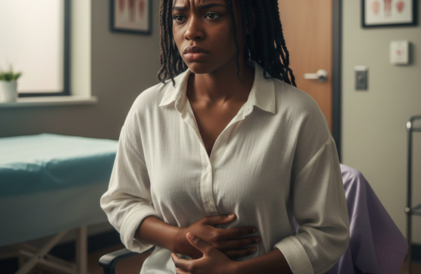 Concerned woman holding her stomach in a clinic.