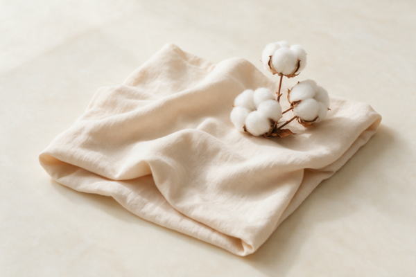 Soft folded cotton fabric and a sprig of raw cotton on a cream surface