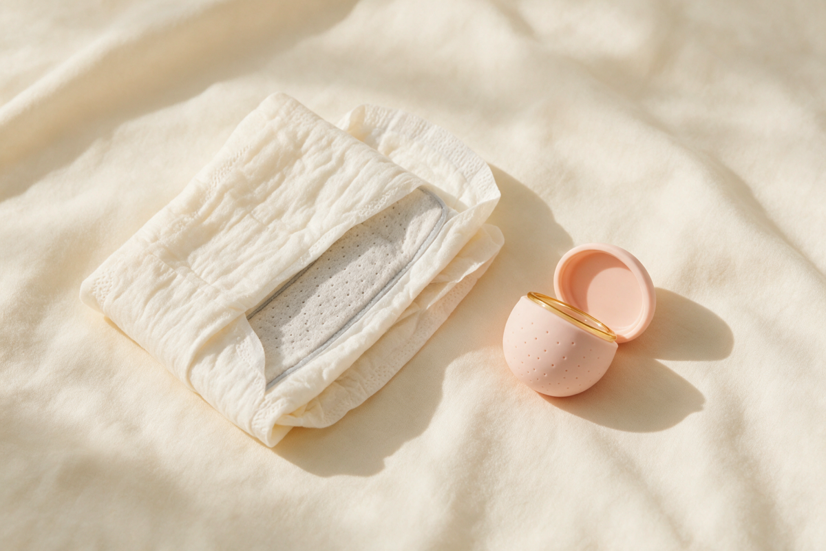 Flat-lay of a neatly folded sanitary pad beside a small menstrual cup case