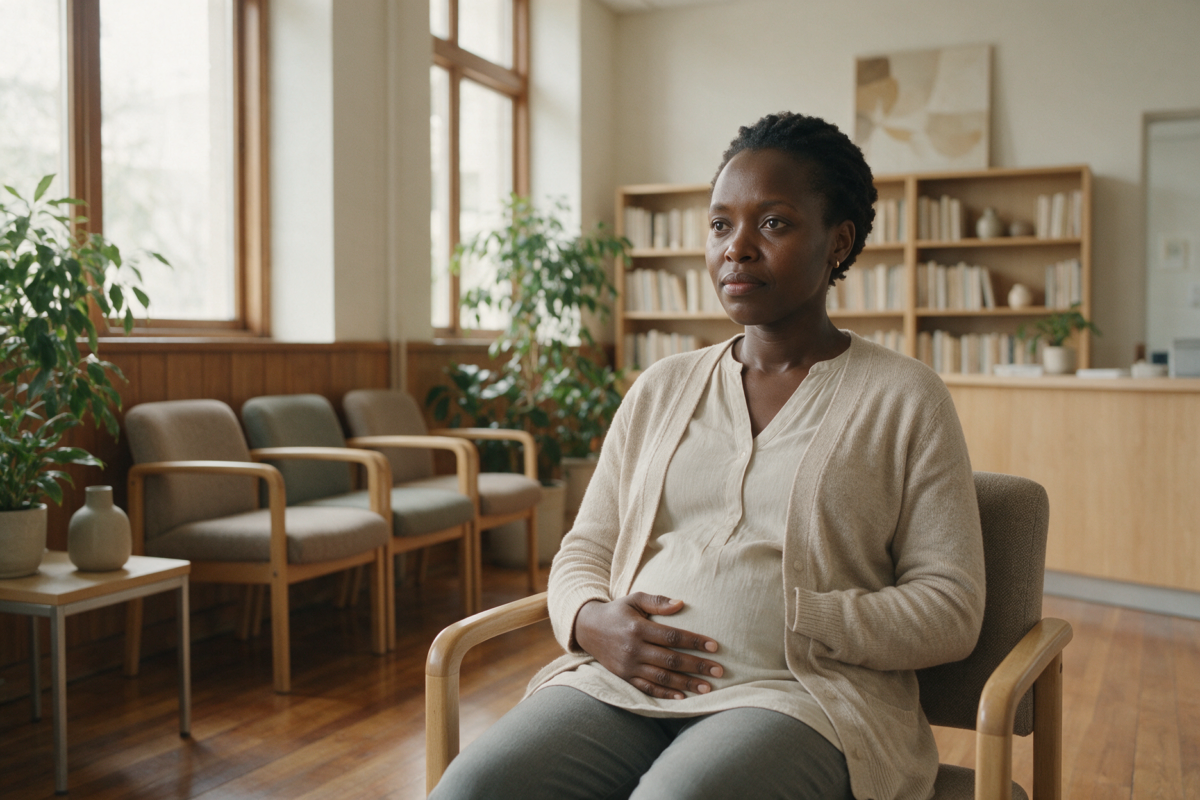 Kenyan woman sitting in a bright clinic waiting area with a thoughtful expression