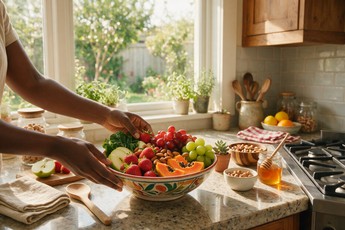Hands arranging a colorful bowl of fruits, greens and nuts on a kitchen counter