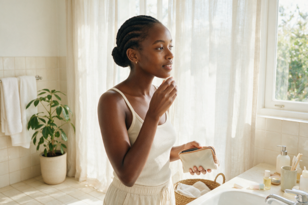 Young Kenyan woman getting ready in the morning as part of her daily hygiene routine
