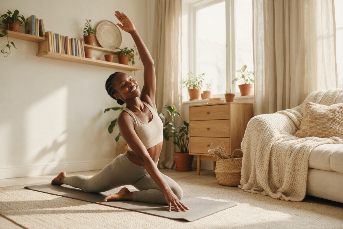 Fit young Kenyan woman stretching on a yoga mat in a bright home space