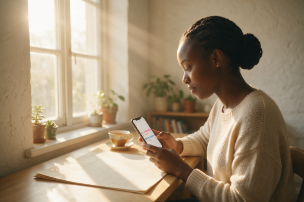 Young Kenyan woman tracking her period cycle using her phone and a paper calendar