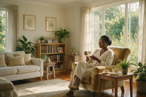 Kenyan woman in her late forties relaxing with a cup of tea in a sunlit living room