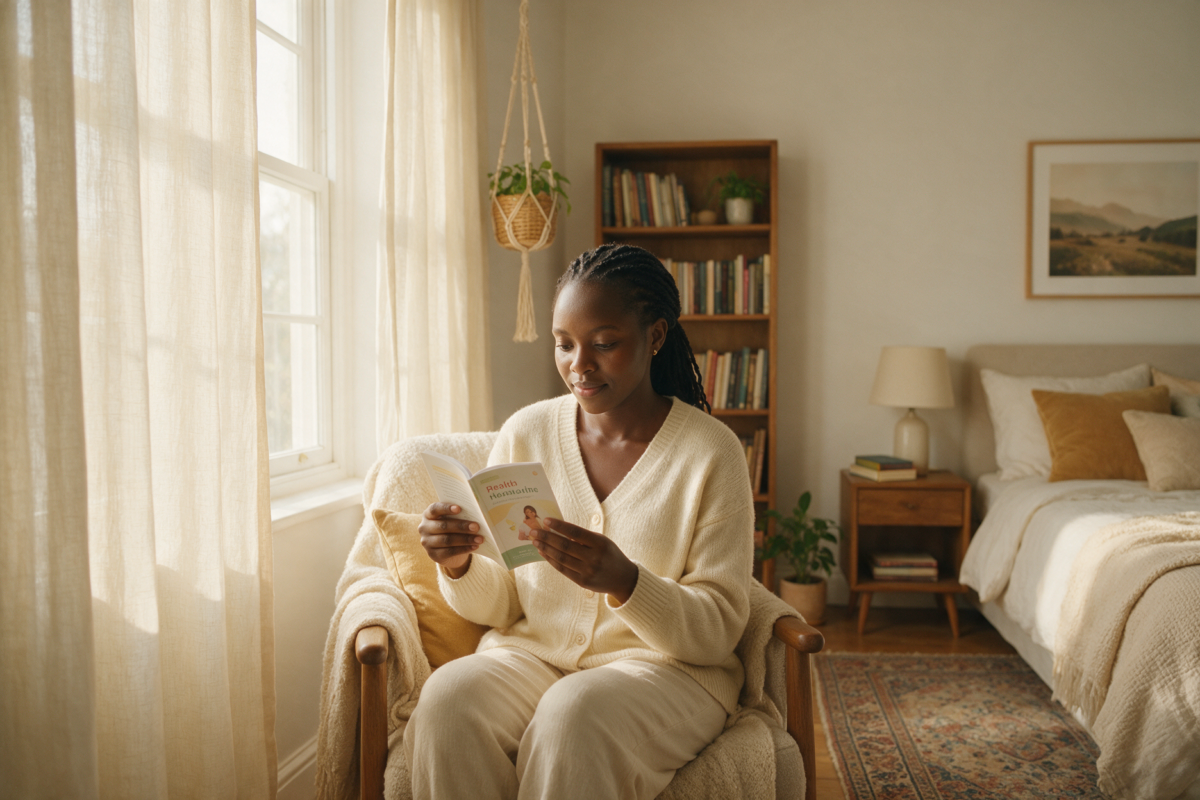 Young Kenyan woman sitting comfortably reading a small health guide booklet