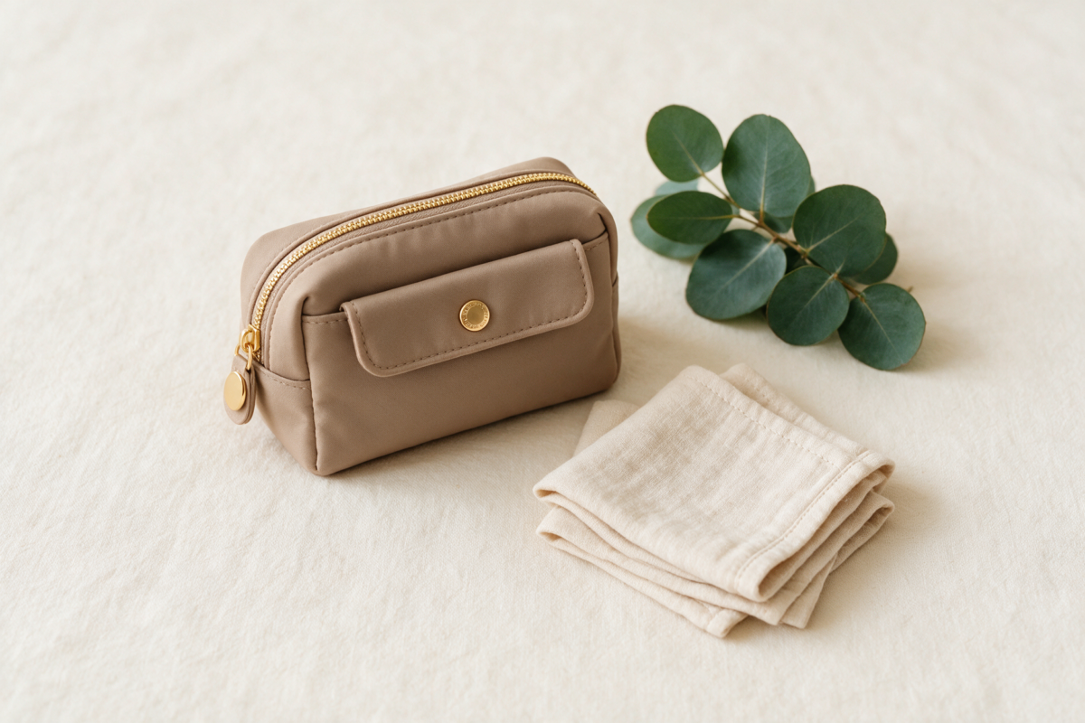 Clean flat-lay of a travel pouch and folded wipes with a sprig of eucalyptus
