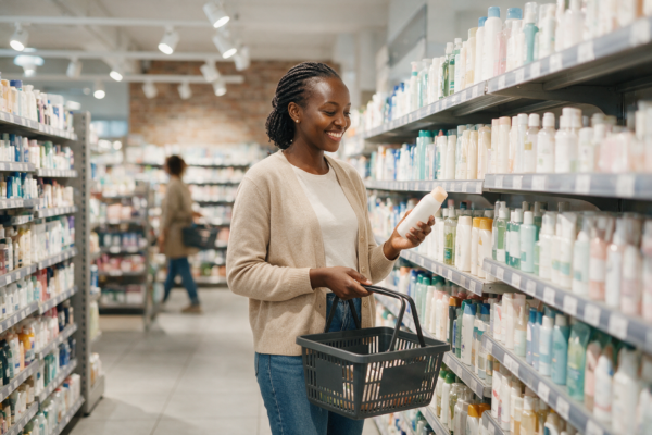 Smiling Kenyan woman browsing personal care products at a local store