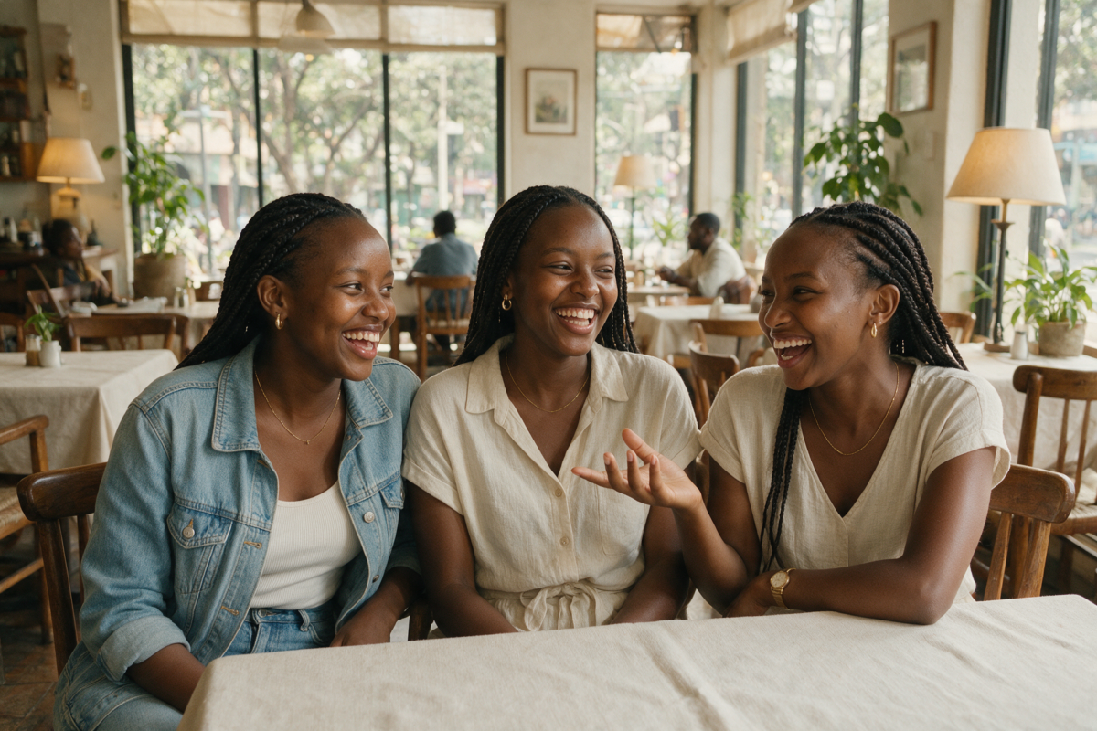 Three young Kenyan women laughing and talking together at a cafe