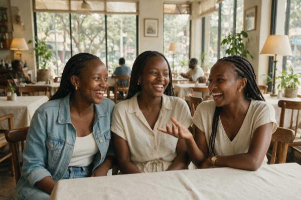 Three young Kenyan women laughing and talking together at a cafe
