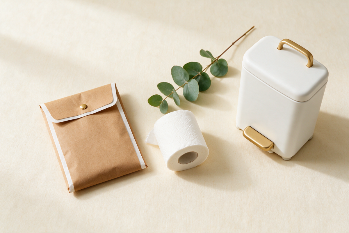 Paper wrapper, tissue and a small lidded bathroom bin for hygienic pad disposal