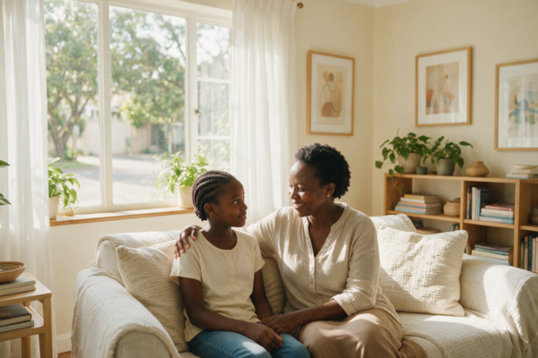 A Kenyan mother talking warmly with her young daughter on the sofa at home