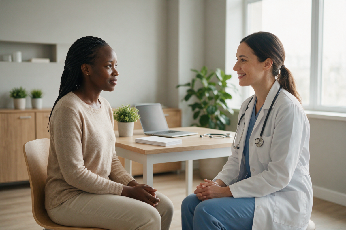 A woman listening to a friendly female doctor in a bright clinic