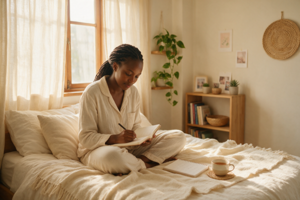 A young woman writing in a cycle-tracking journal on her bed