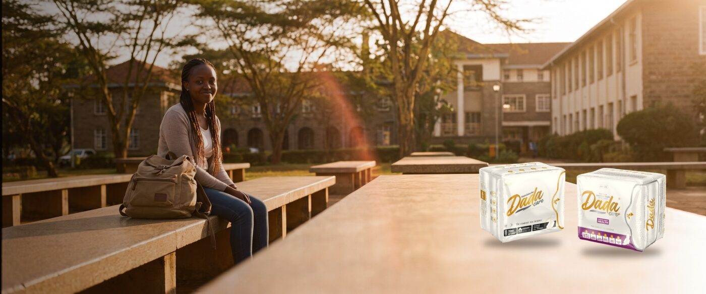 Kenyan student on campus at golden hour with Dadacare Plus pads