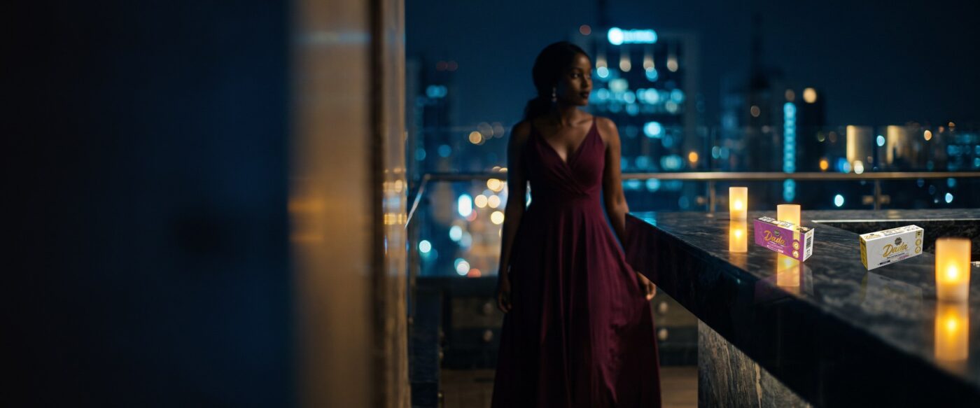 Woman on a Nairobi rooftop at night with Dadacare Plus tampons