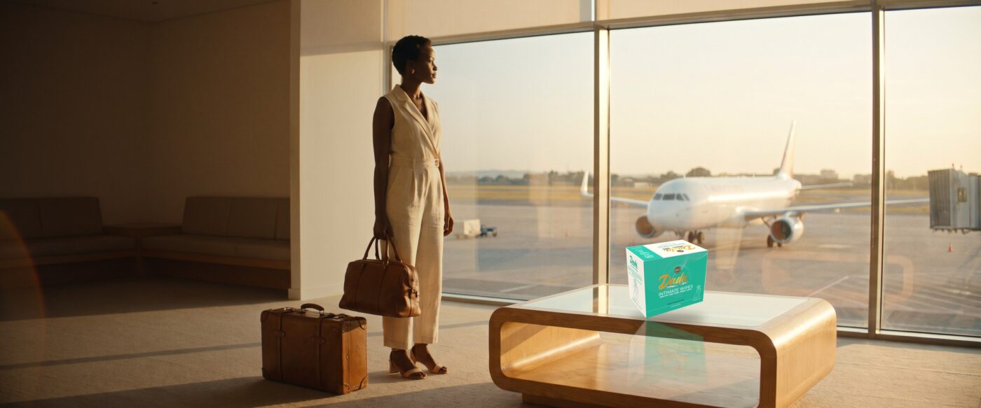 Woman travelling through an airport lounge with Dadacare Plus intimate wipes