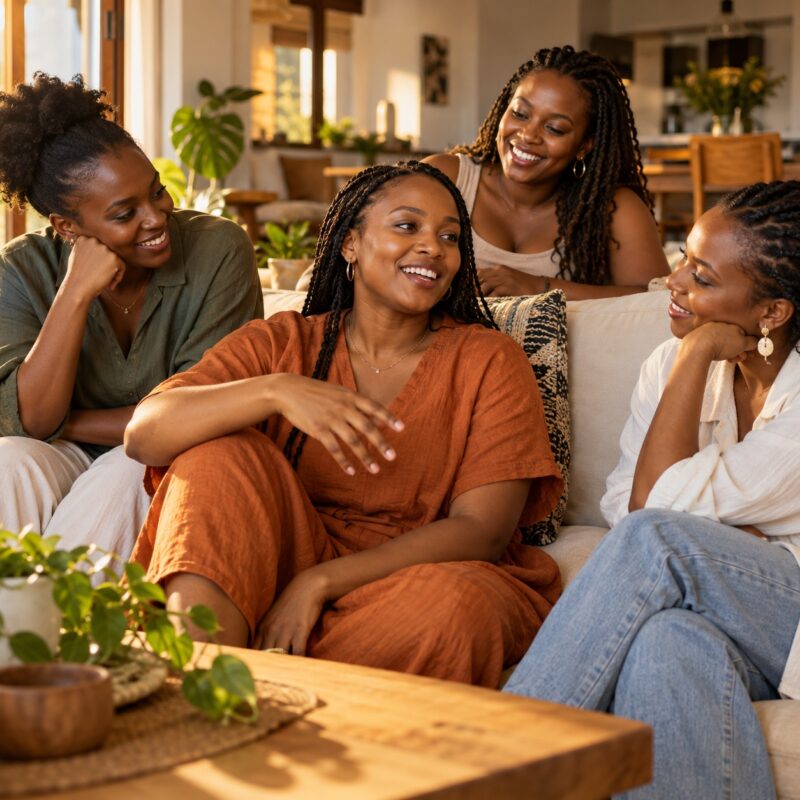 Four Kenyan women sharing a relaxed moment at home
