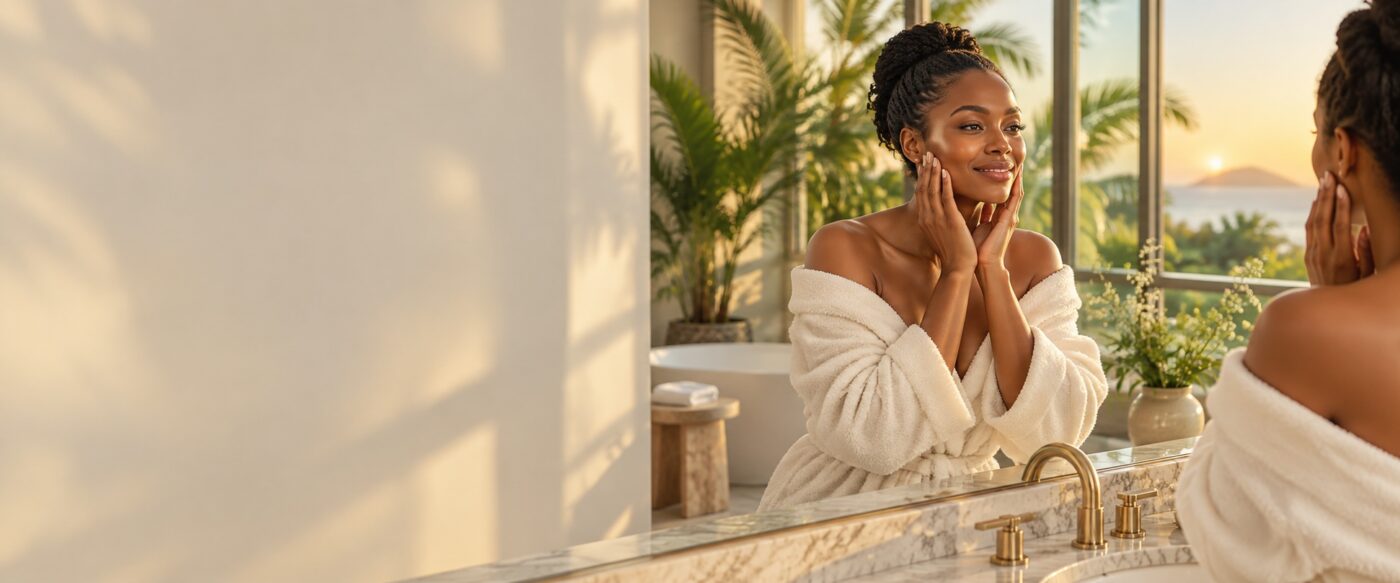 Kenyan woman in a sunlit bathroom during her morning routine