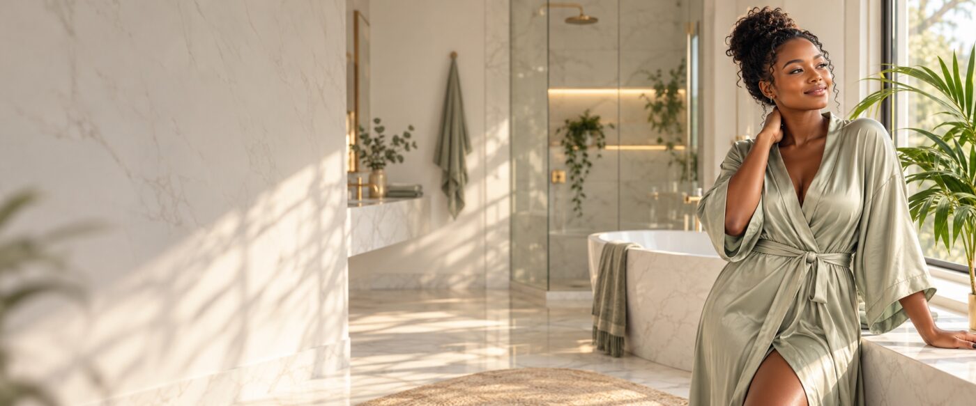 Kenyan woman near the window in a bright modern bathroom