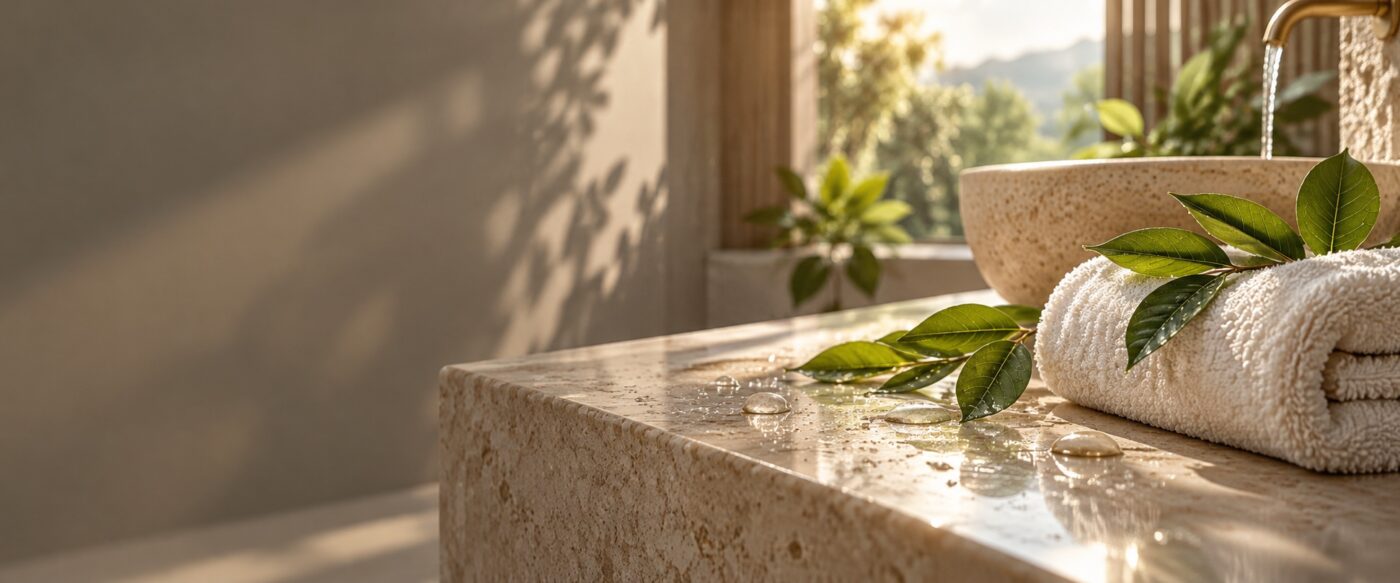 Sunlight on a stone bathroom vanity with water and green leaves