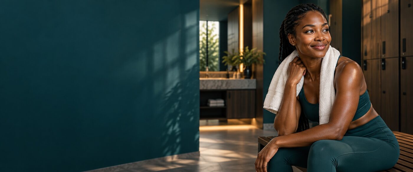 Kenyan woman relaxing in a modern gym changing area after a workout
