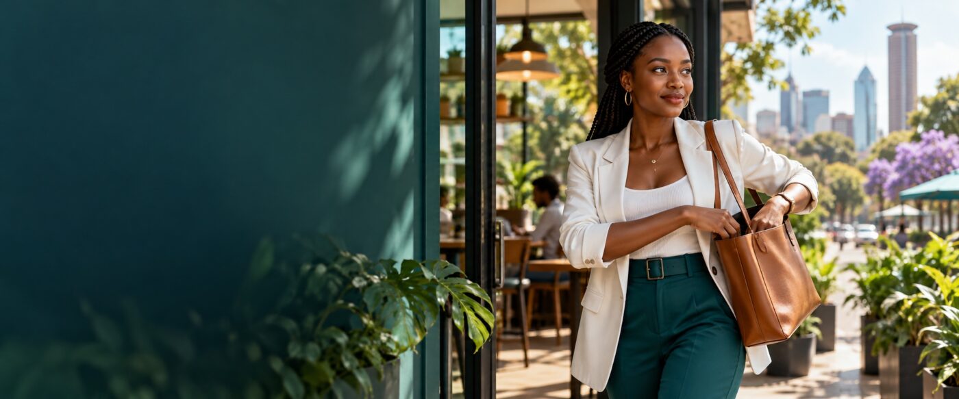 Kenyan woman reaching into her bag outside a city cafe
