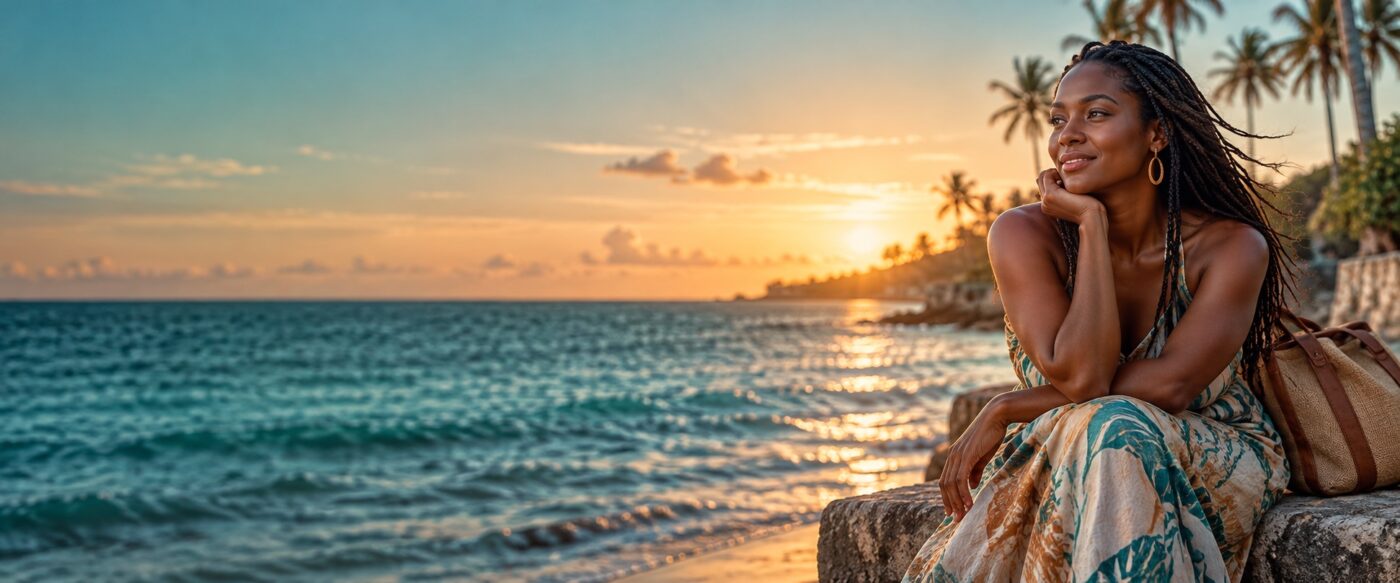 Kenyan woman pausing by the coast at sunset with a travel bag
